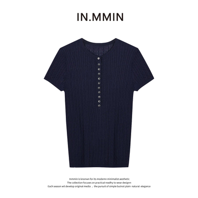 INMMIN 半开领短袖修身显瘦针织衫2025气质简约100天丝绝美上衣女
