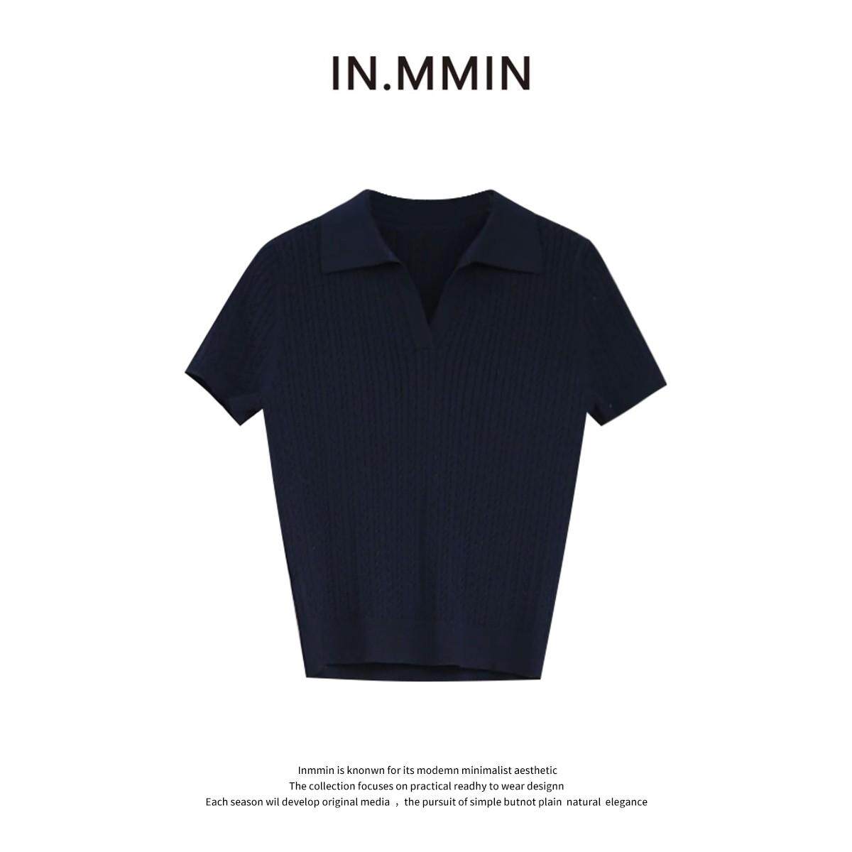 INMMIN 复古麻花polo衫V领天丝短袖针织衫女正肩修身短款上衣