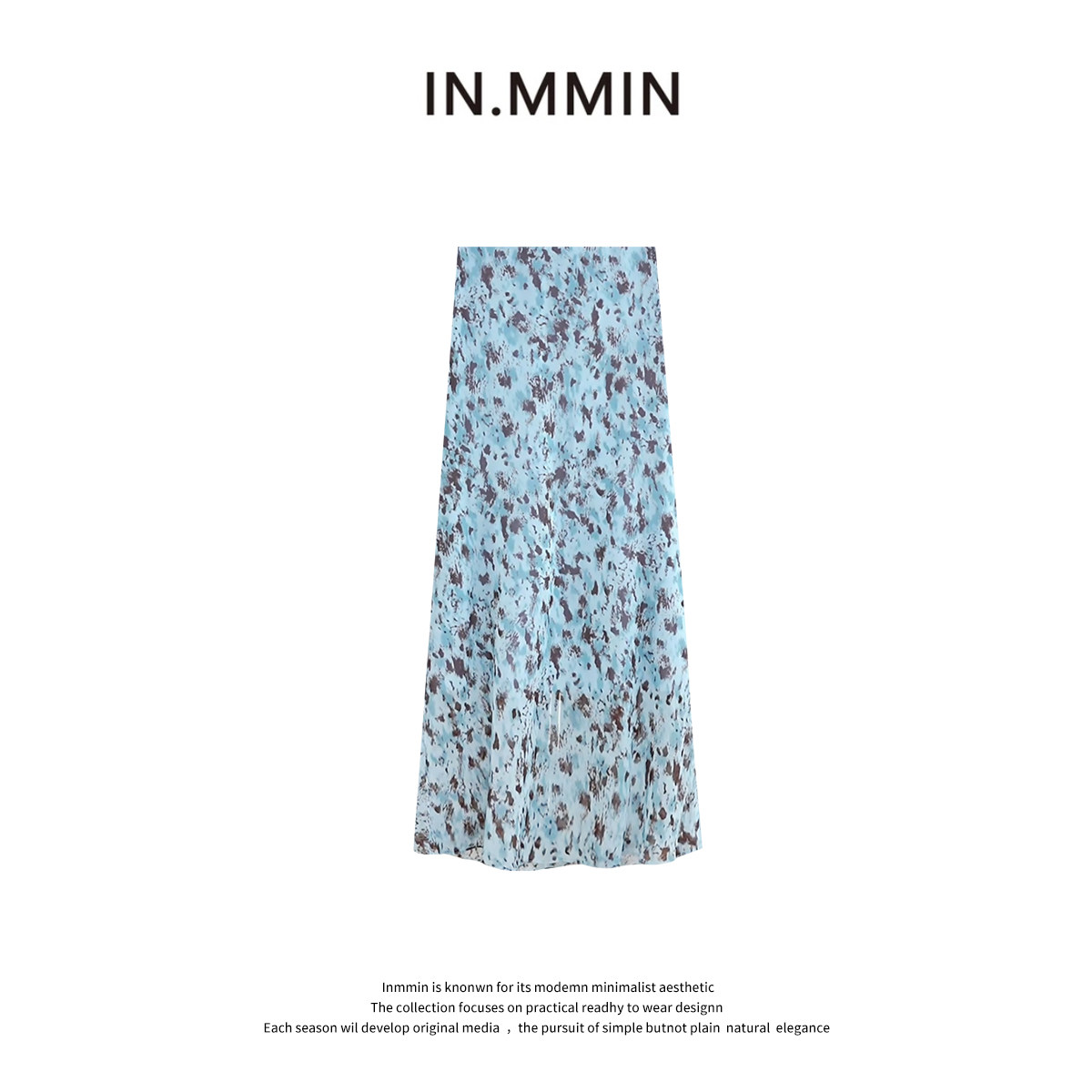 IN.MMIN  海盐可可蓝色碎花高腰显瘦慵懒休闲半身裙-bq5185