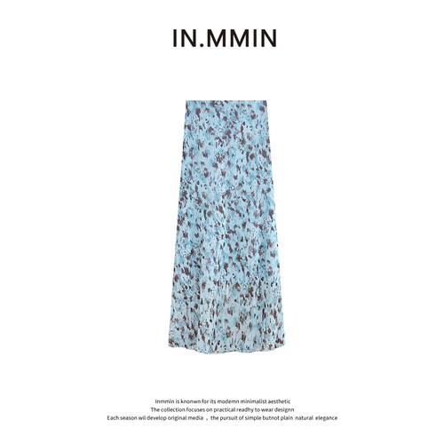IN.MMIN  海盐可可蓝色碎花高腰显瘦慵懒休闲半身裙-bq5185