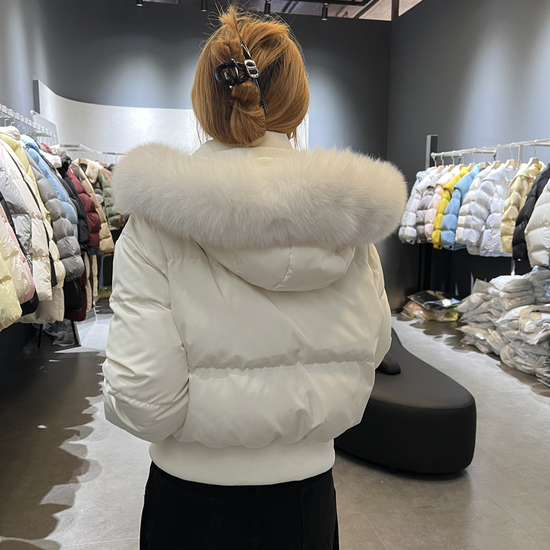 新款90白鸭绒短款貂毛领羽绒服外套女藏青色收腰小个子肯豆羽绒服