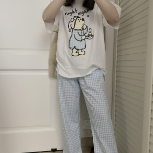 夏季 长裤 ins韩版 睡衣女士维尼熊情侣纯棉短袖 家居服卡通薄款 套装