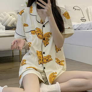 套装 ins韩版 家居服卡通薄款 2022睡衣女士夏季 小老虎情侣纯棉短袖