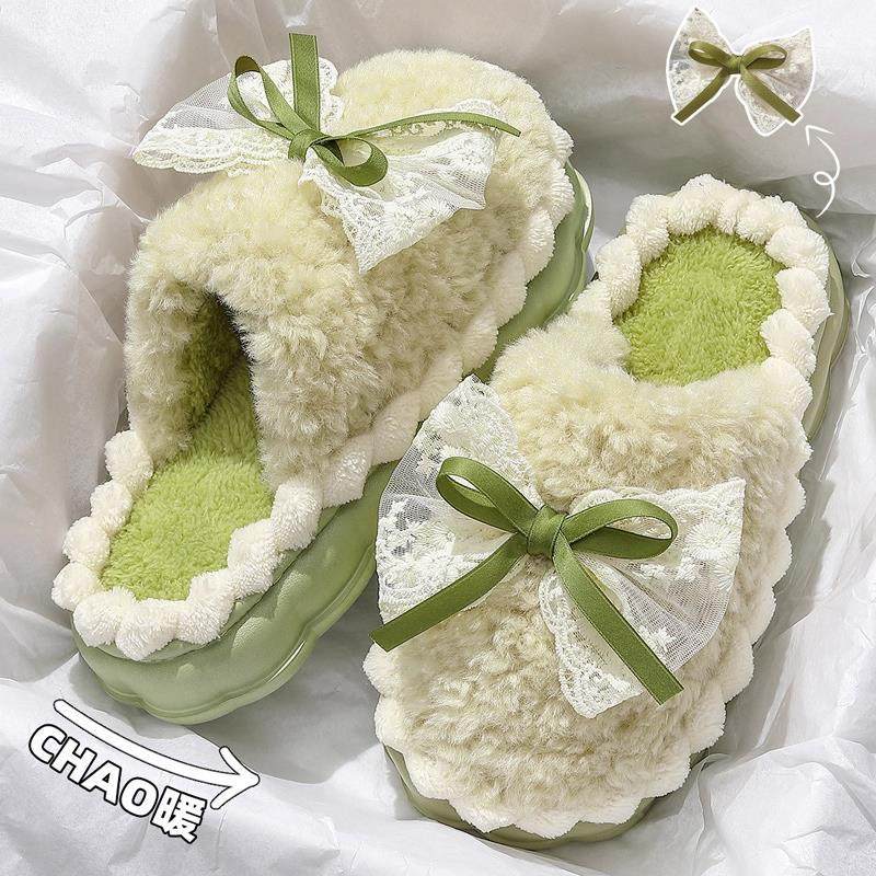 蝴蝶结棉拖鞋女秋冬季室内家居厚度踩屎感毛毛拖防滑保暖加绒拖鞋,居家布艺,居家亚麻拖鞋,淘宝优惠券,粉丝福利购,淘宝优惠卷