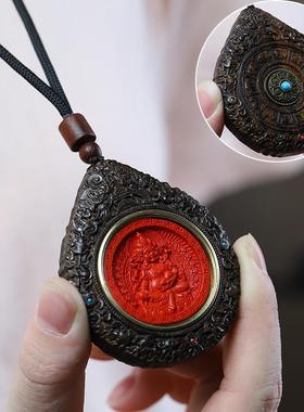 沉贵宝沉香木镶嵌朱砂绿松唐卡雕刻莲花盘龙守护神转转盘挂件吊坠
