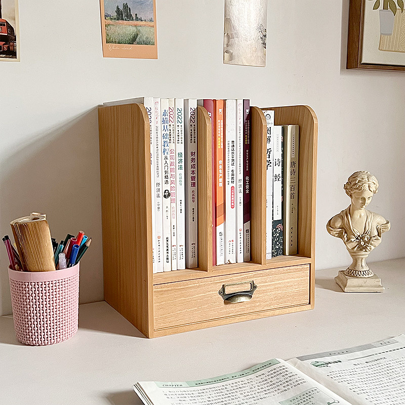 zakka木质小书架桌面办公实木书架宿舍复古书本整理收纳架带抽屉