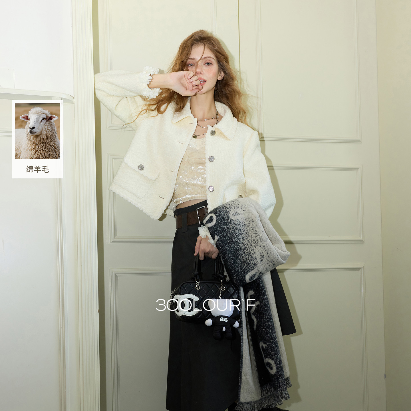 三彩独醒2025冬季新款香风毛呢大衣短款绗棉外套翻领F