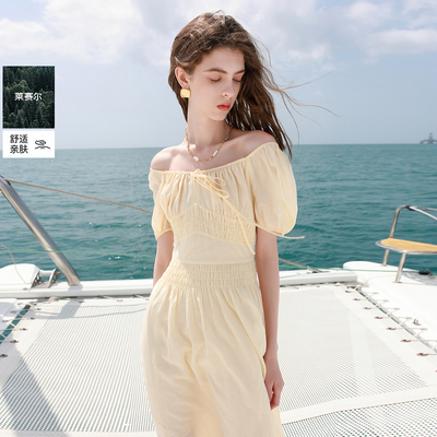 ibudu2025夏季新款莱赛尔收腰大摆连衣裙短袖度假风长裙女