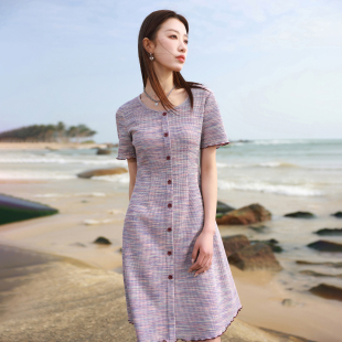 圆领针织连衣裙油画裙波浪边胖MM 2025夏秋新款 若潮大码 女装