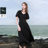 法式 ibudu2025夏季 新款 小黑裙莱赛尔V领收腰A字裙长裙优雅女