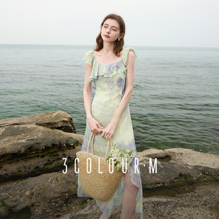 长裙度假M 晕染连衣裙荷叶边方领A字裙法式 三彩2025夏季 新款