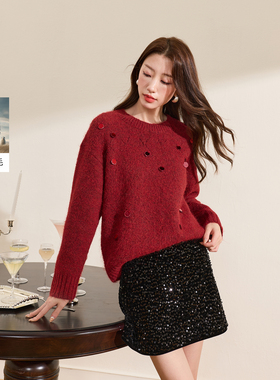 若潮大码女装2025冬季新款圆领针织衫毛衣套头红色珠片胖MM