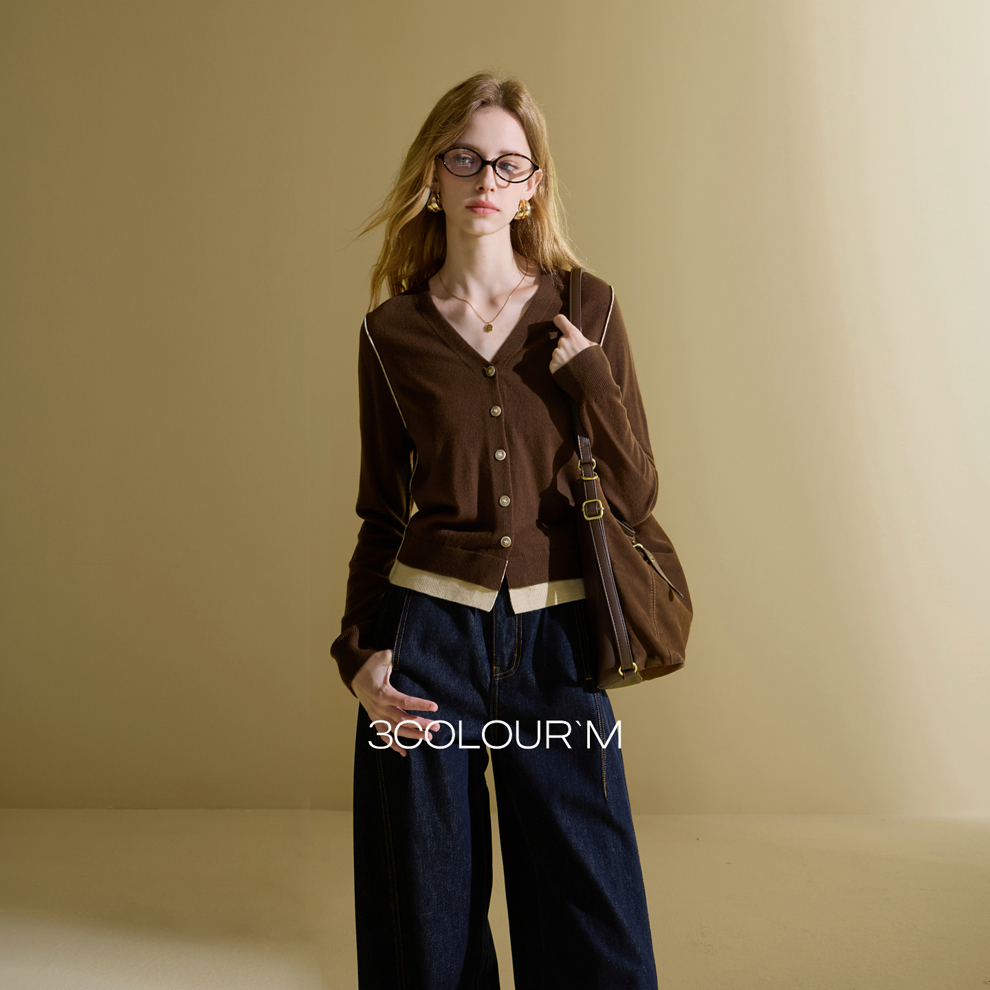 三彩2025秋季新款长袖针织衫V领开衫外套复古百搭小个子M