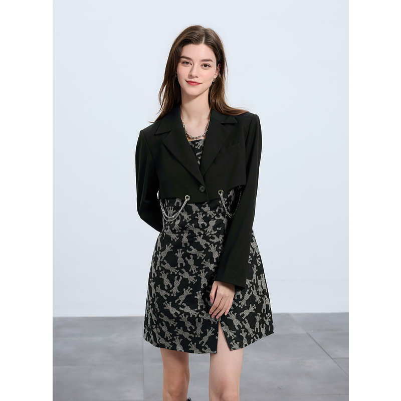 ibudu2025春季新款两件套西装外套提花吊带裙短裙套装女