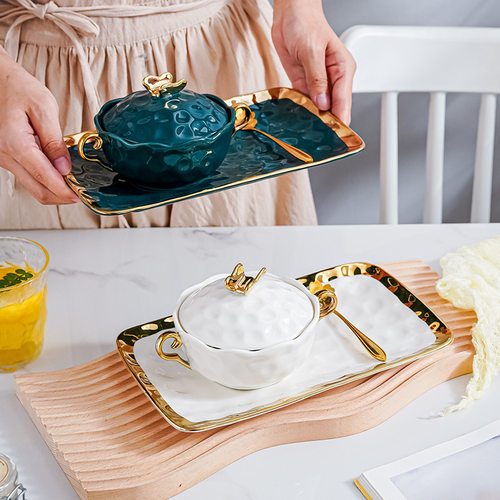 Ceramic dessert bowl set Gold edged breakfast bowl with lid