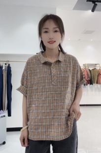 宽松韩版色织彩格Polo领，手插兜纯棉衬衫