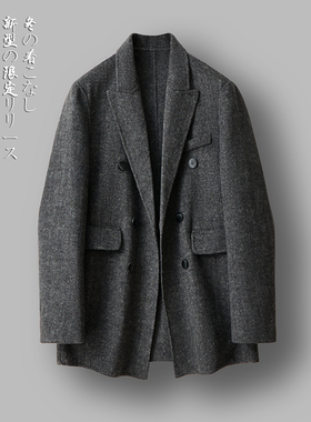 双面呢大衣男羊毛西装毛呢男双排扣羊绒短款外套F5501#P325控608