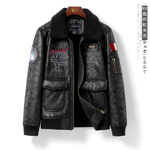 皮毛一体男刺绣飞行服贴标机车皮衣大码QT6022F66- P245控338主推图片