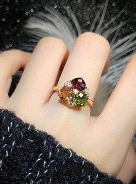 仿碧玺红黄绿三生石彩色水晶镶钻宝石戒指镀S925银中食指指环女