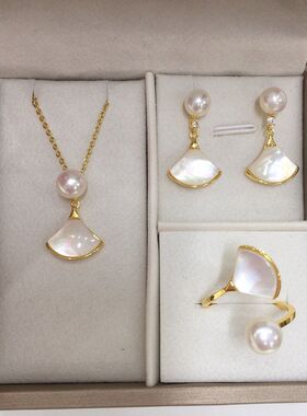 5A级天然淡水珍珠吊坠耳钉戒指舞裙套装海贝小裙子珍珠套装批发