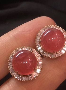 S925银镶冰种红纹石圆形大耳钉简单轻奢御姐范红色宝石耳环耳饰