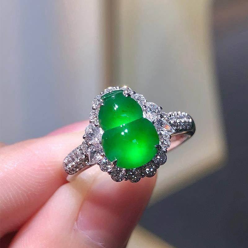 天然冰种玉髓帝王绿葫芦S925戒指