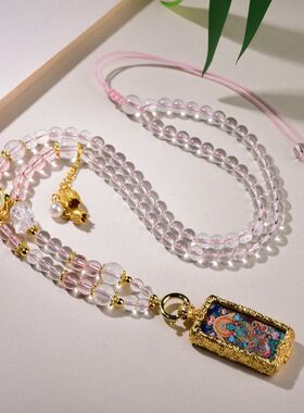 都市简约白水晶吊坠链双面唐卡黄财绿度母佛牌项链原创小红书爆款