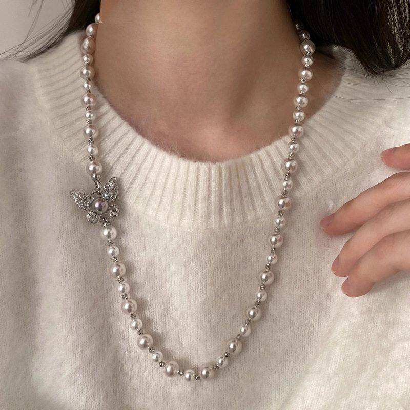 曼塔玫瑰蝴蝶珍珠项链女秋冬长款串珠毛衣链高级感百搭轻奢配饰品