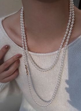 珍珠项链毛衣链多层叠戴长款气质铂金灰澳白项链女高级感轻奢饰品