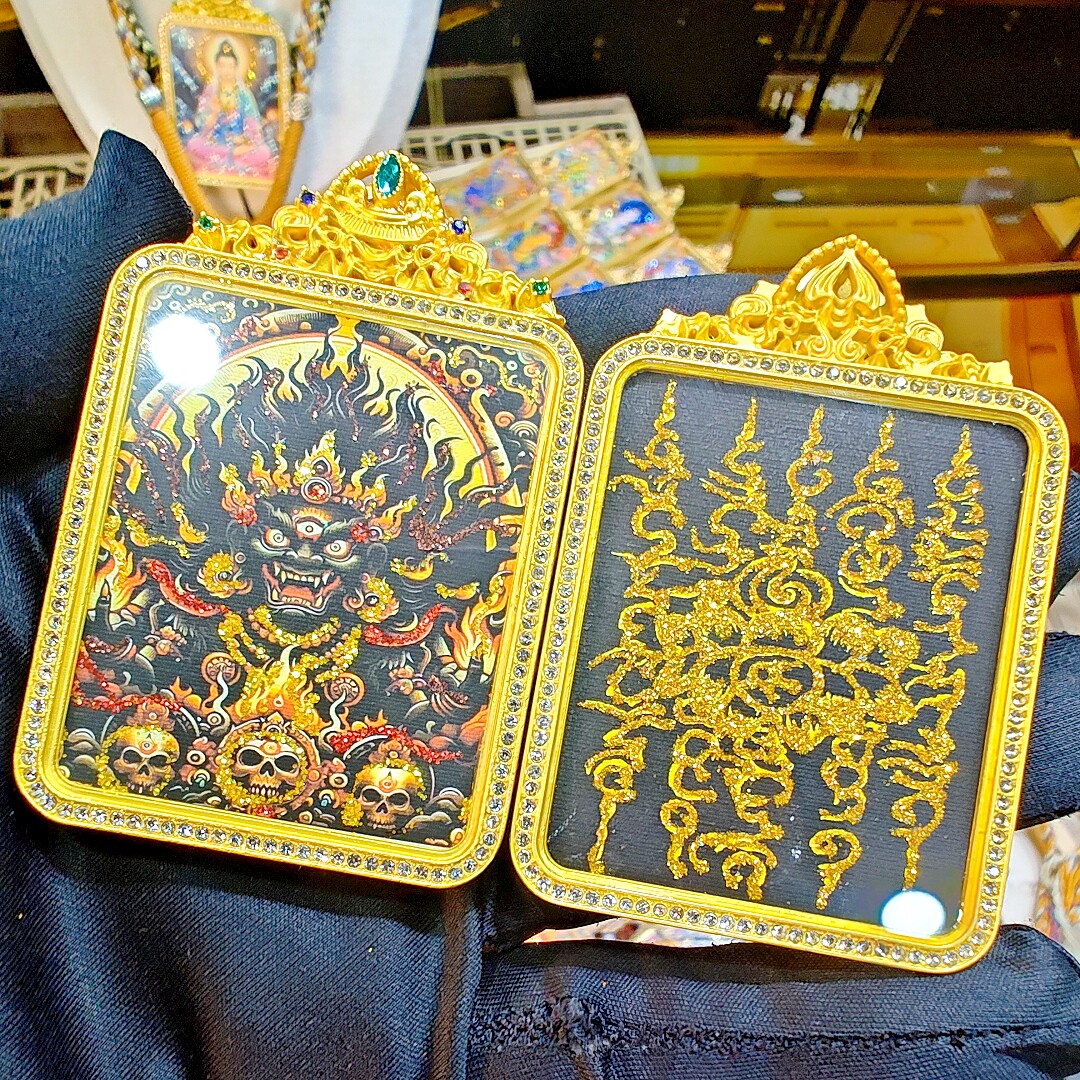 铜壳【纯手绘彩金】黑财神+五条经【双面】唐卡吊坠项链送五路绳