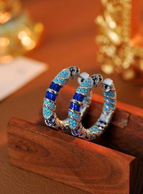 新款复古风蓝色锆石耳环潮欧美高级感小众轻奢耳饰女圆圈耳环批发