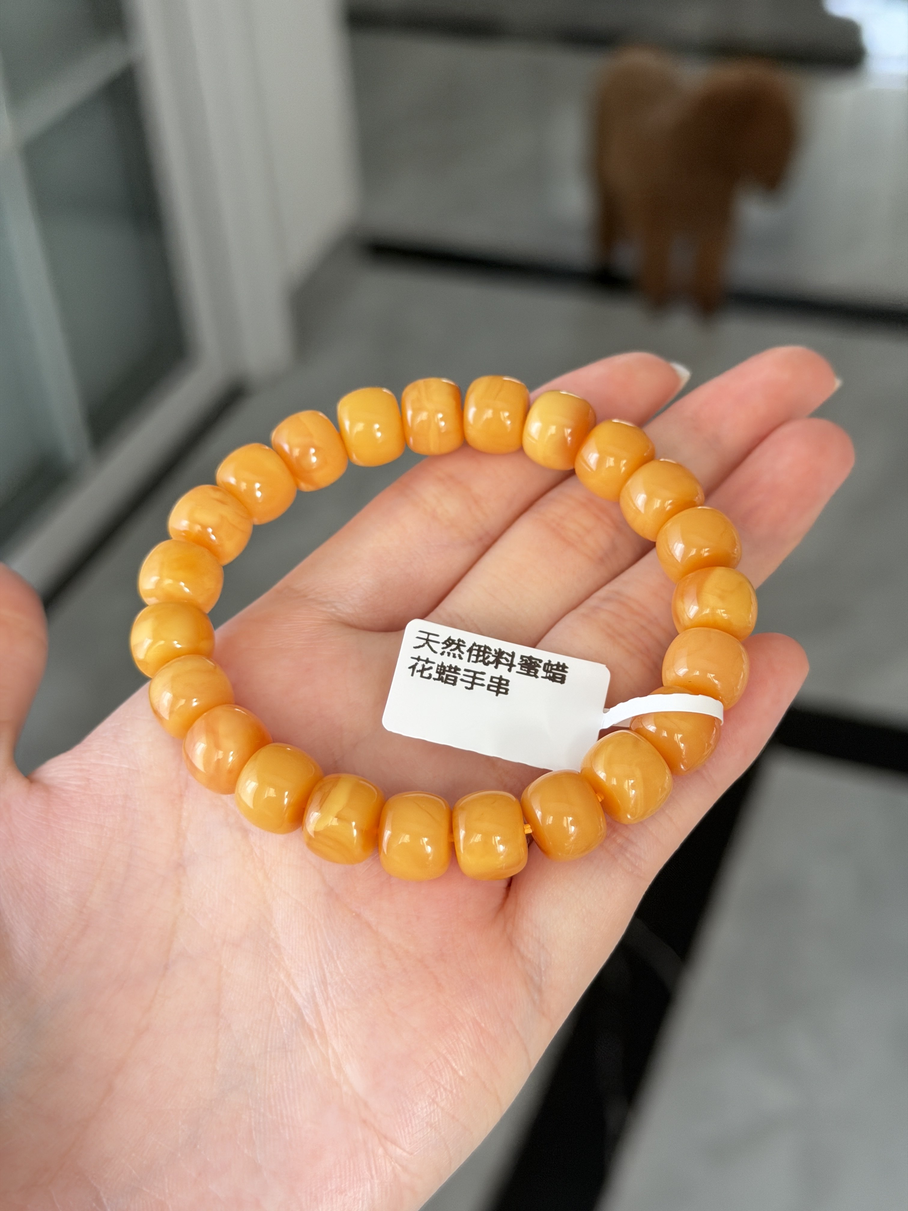 天然俄料蜜蜡花蜡收藏级老型珠手链  带证书