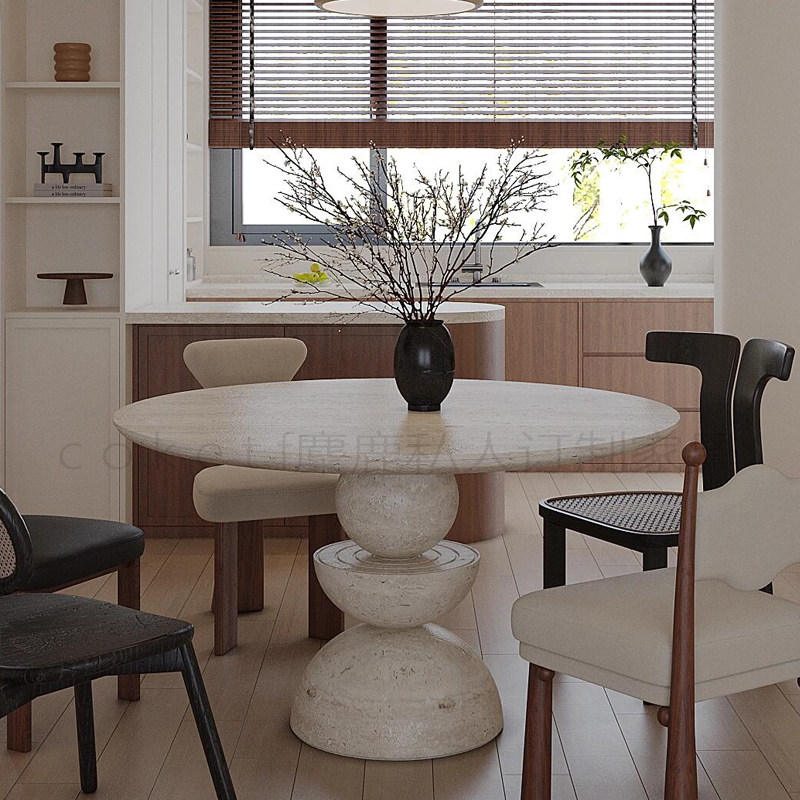 法式极简天然意大利洞石圆形餐桌家用小户型高级感大理石圆桌子