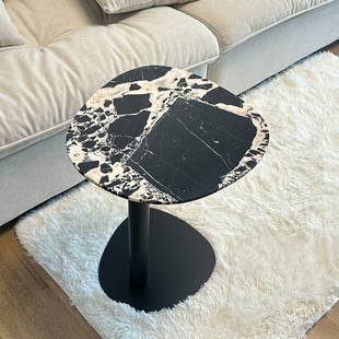 北欧天然宝格丽黑大理石客厅奢石边几设计师款 黑色沙发边桌小茶几