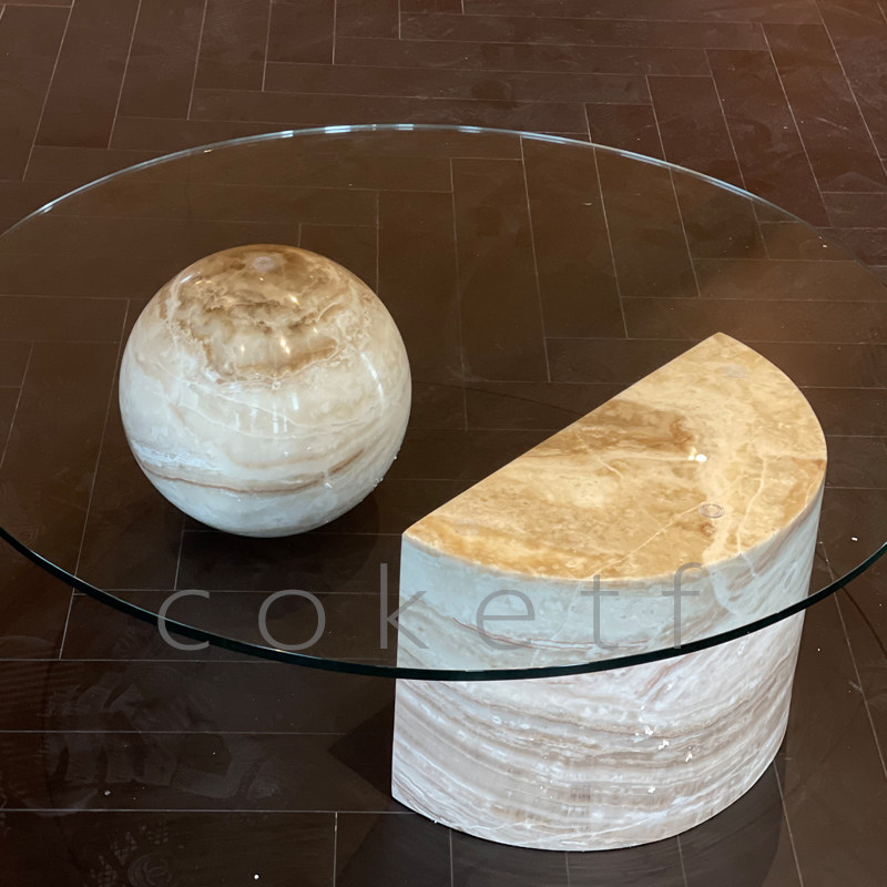现代简约天然大理石圆形客厅沙发茶几设计师款小户型玻璃咖啡桌
