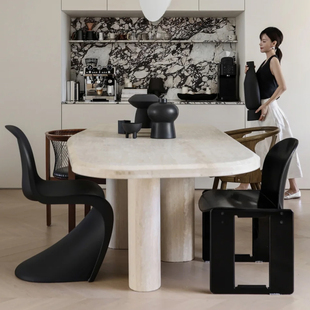 侘寂风天然大理石洞石餐桌高级感别墅设计师款 长方形6人饭桌长桌