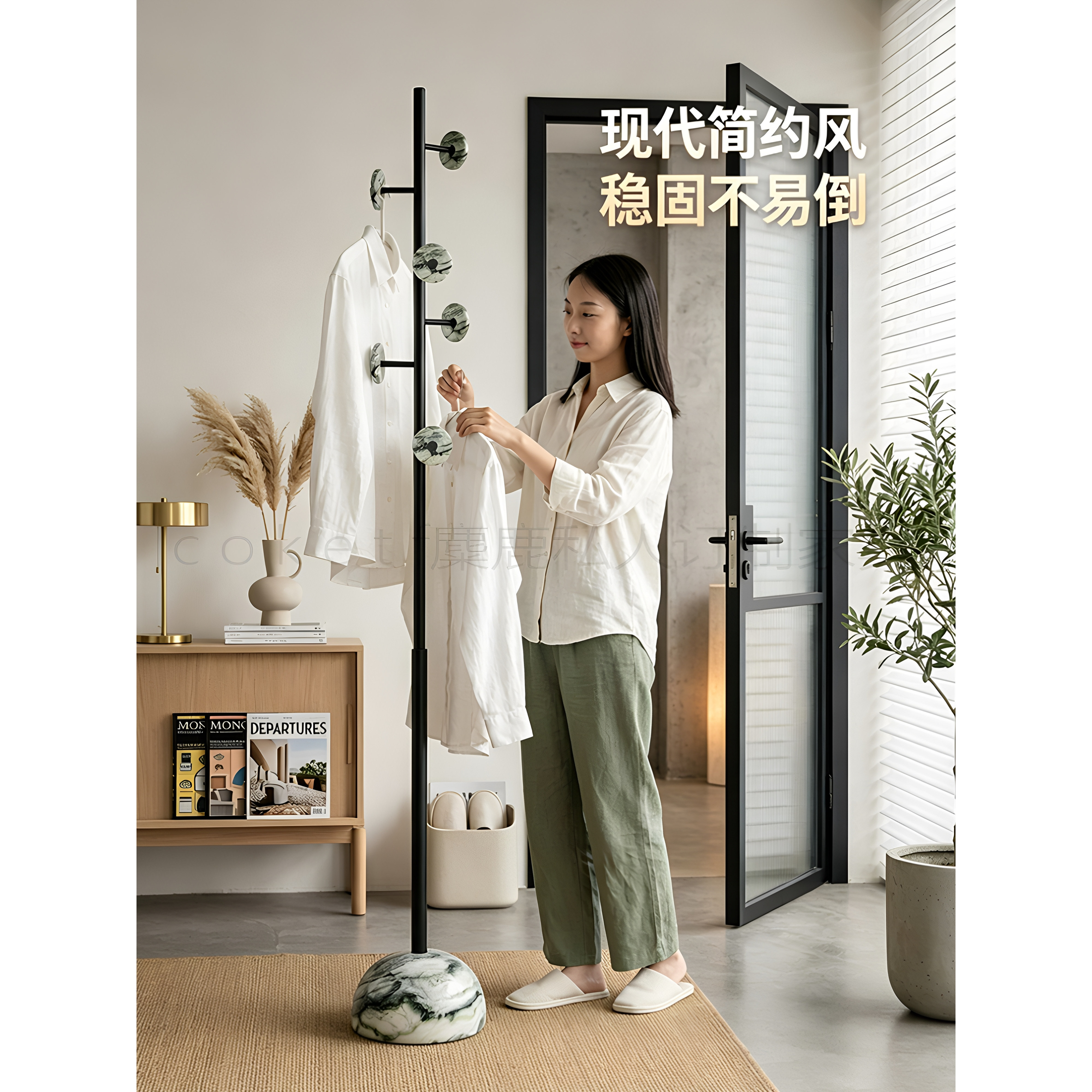 意式极简风天然绿色大理石卧室落地挂衣架设计师款卧室置物衣帽架