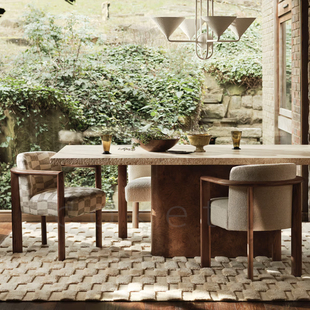 侘寂风设计师天然罗马洞石餐桌高级感破坏效果别墅长方形吃饭桌子