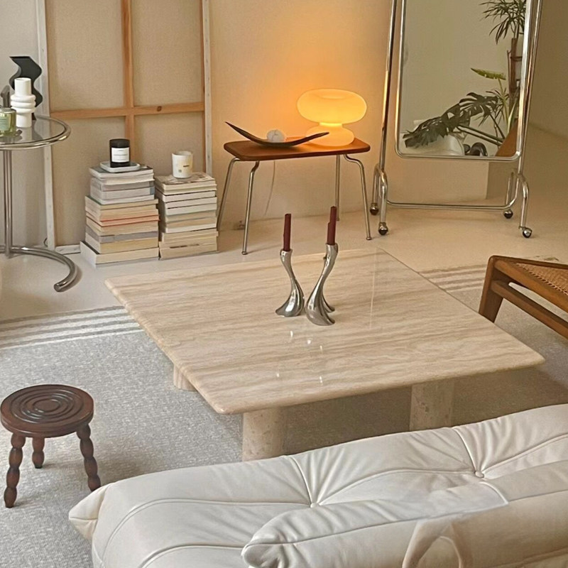 北欧极简天然大理石洞石茶几新款高级感别墅客厅正方形沙发咖啡桌