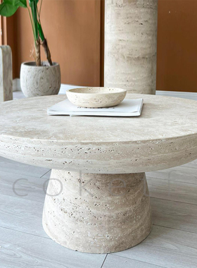Daff侘寂风天然罗马洞石圆形大理石茶几设计师款别墅客厅咖啡桌