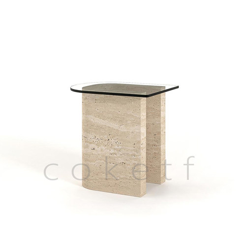 Afra-Model简约现代设计师款U形洞石大理石边几客厅沙发玻璃边桌
