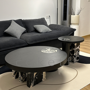 法式极简天然宝格丽黑大理石实木加厚圆形茶几设计师款客厅咖啡桌