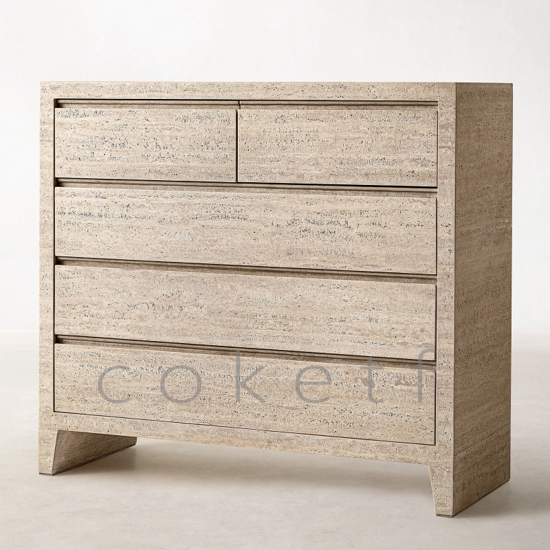 法式简约客厅储物柜设计师款天然洞石五斗柜一体靠墙高柜定制柜子