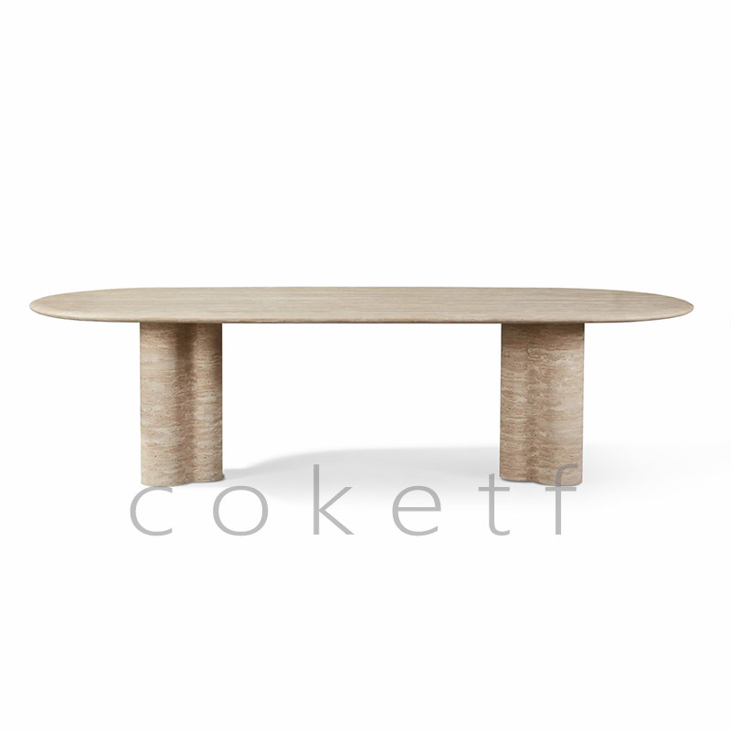 法式极简天然罗马洞石椭圆形别墅餐桌设计师款侘寂风大户型长饭桌