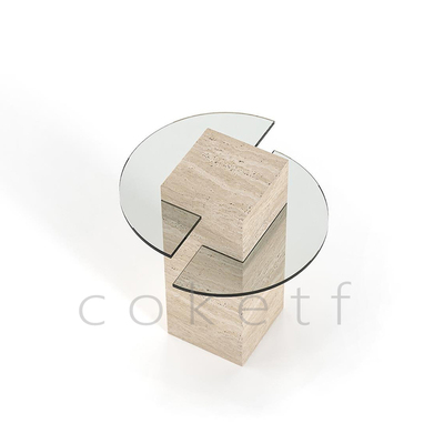 Della现代简约创意天然罗马洞石边几设计师款客厅沙发玻璃圆边桌