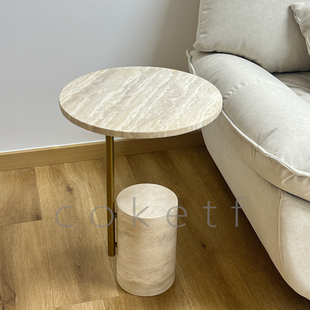 侘寂风设计师款 天然罗马洞石客厅沙发边几简约创意圆形卧室小边桌