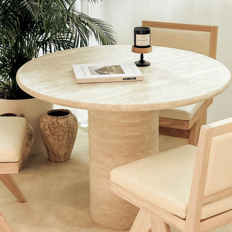 侘寂风天然洞石圆形餐桌家用别墅酒店样板房设计师款大理石圆餐台