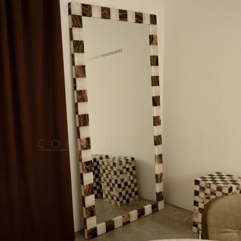 8nix轻奢极简天然玉石大理石全身镜设计师款别墅客厅落地镜穿衣镜