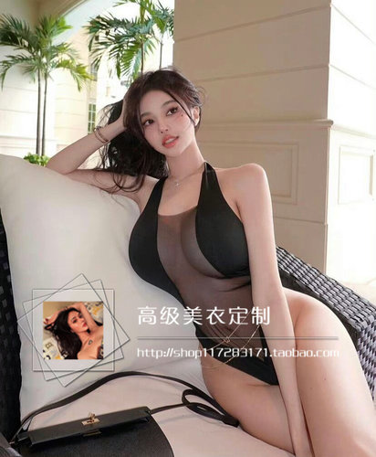 网纱拼接挂脖露背三角连体泳衣