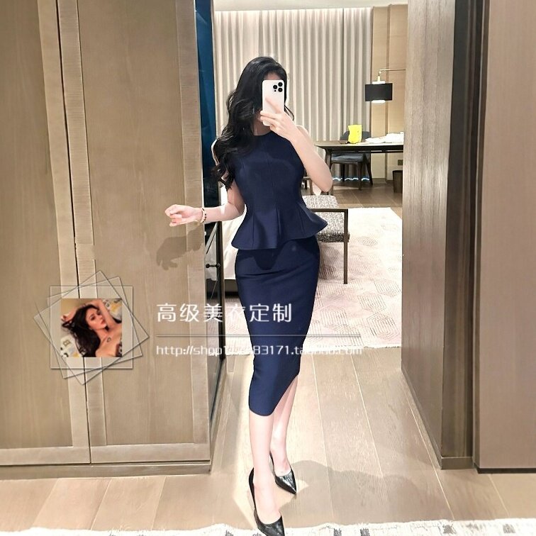 【瑞秋深蓝】御姐OL职业气质深蓝色荷叶边上衣修身包臀绷带裙套装